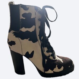 Black & White Cowhide Lace-Up Block Heel Boot